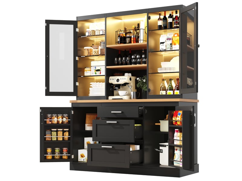  Rayofi buffet de cuisine 140 x 40 x 185 cm - 3 tiroirs, étagères réglables, plan de travail, led rgb contrôlables par application, noir  - Conforama A