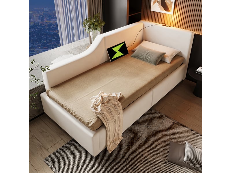  Lit banquette 90x200cm avec coffre hydraulique, liseuse et usb-c, velours beige  - Conforama D