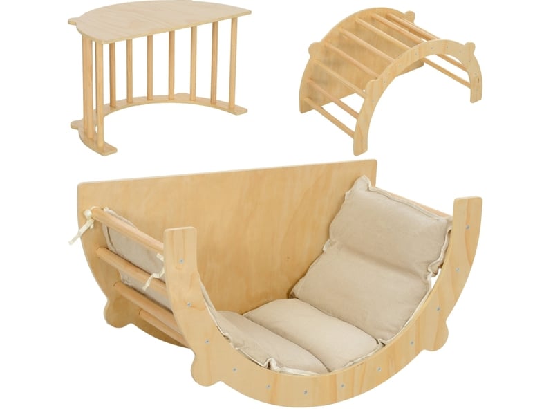 Arche d’escalade montessori transformable en bascule et table de jeu avec coussin, en bois naturel, 90 × 52 × 50 cm  - Conforama A