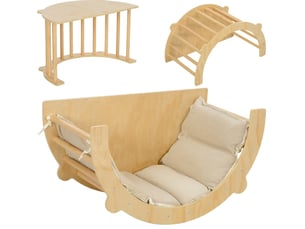 Arche d’escalade montessori transformable en bascule et table de jeu avec coussin, en bois naturel, 90 × 52 × 50 cm