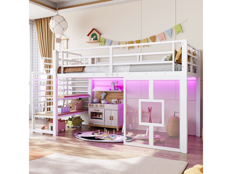 Lit mezzanine simple 90×200 cm avec escalier, rangement et led réglable - okmyhome- blanc, sans matelas - Conforama B