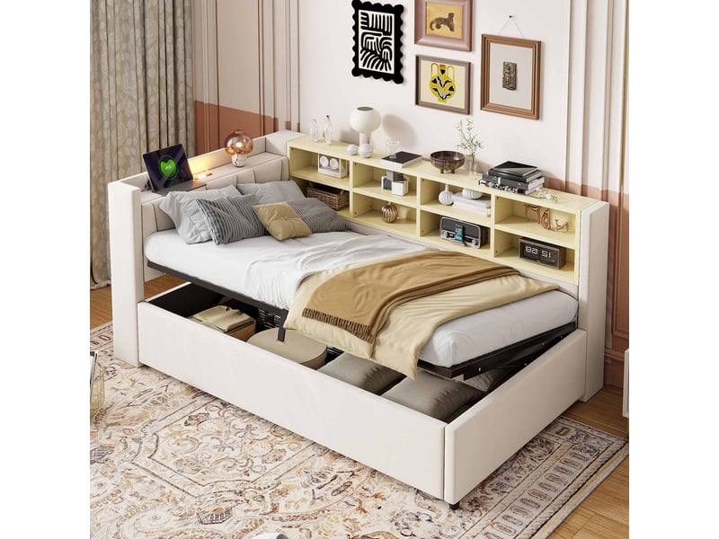  Lit banquette enfant 90x200 cm en velours avec coffre hydraulique, led, usb-c, rangements latéraux et tête de lit rembourrée beige  - Conforama B