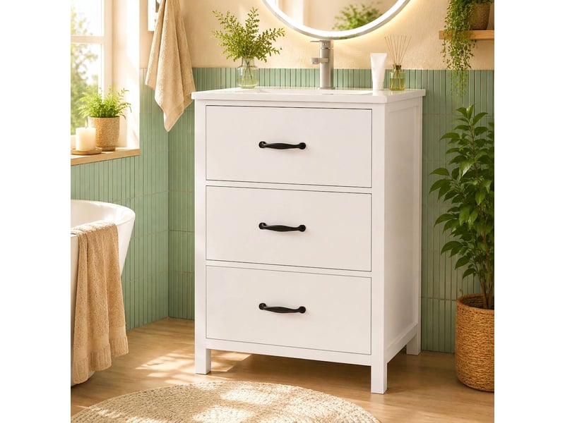  Meuble salle de bain sur pied 61 cm meuble vasque blanc 3 tiroirs  - Conforama C