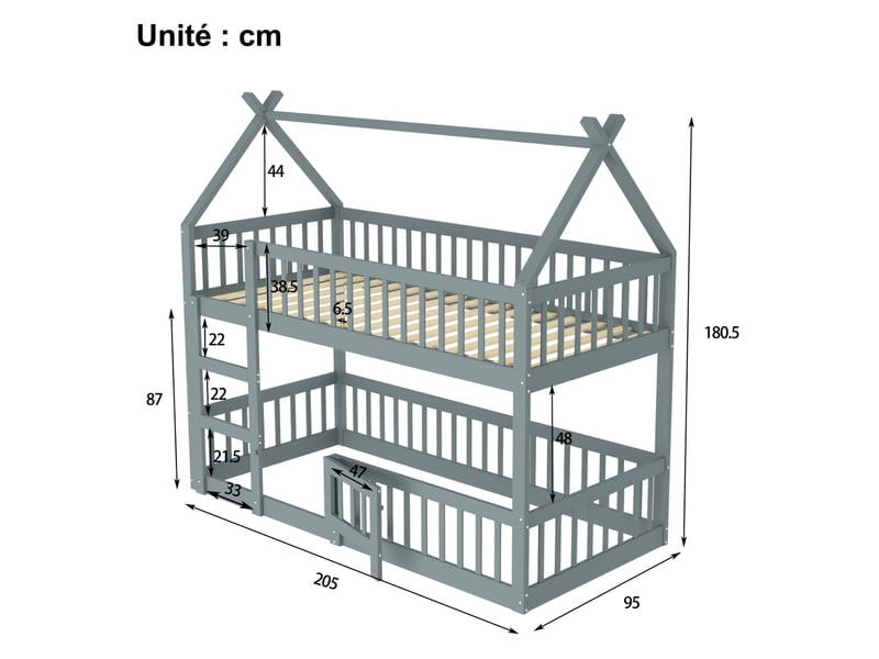  Lit mezzanine lit simple 90x200 cm en bois avec escalier, barrières et porte, gris, matelas non précisé  - Conforama D