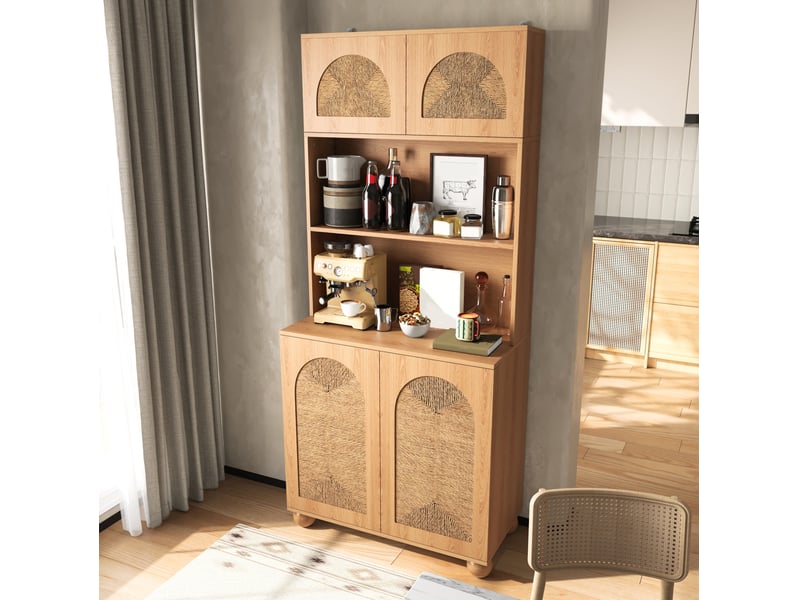  Buffet haut avec 4 portes, niches ouvertes et étagère réglable pour salon, finition naturelle, 80 × 40 × 180 cm  - Conforama D