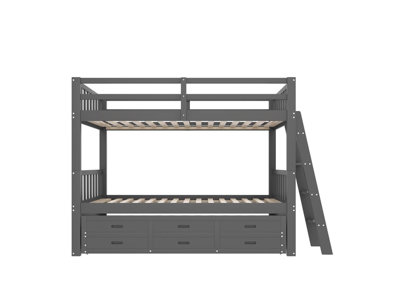 Lit superposé enfant gris 90 × 200 cm en pin et mdf, lit gigogne, échelle et 3 tiroirs - Conforama A