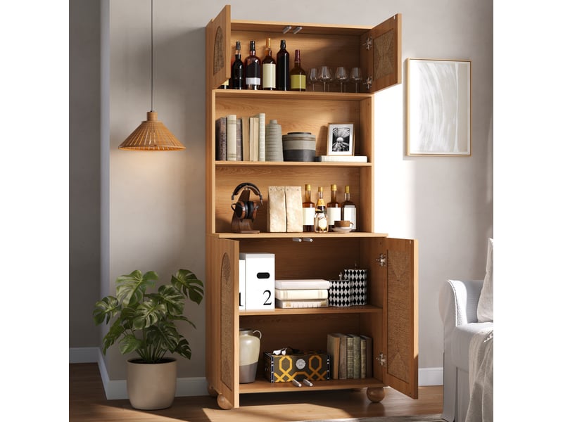  Buffet haut ulevr de rangement 80 x 40 x 180 cm, 4 portes à décor tressé, étagère réglable, mdf et panneaux de particules, naturel  - Conforama D