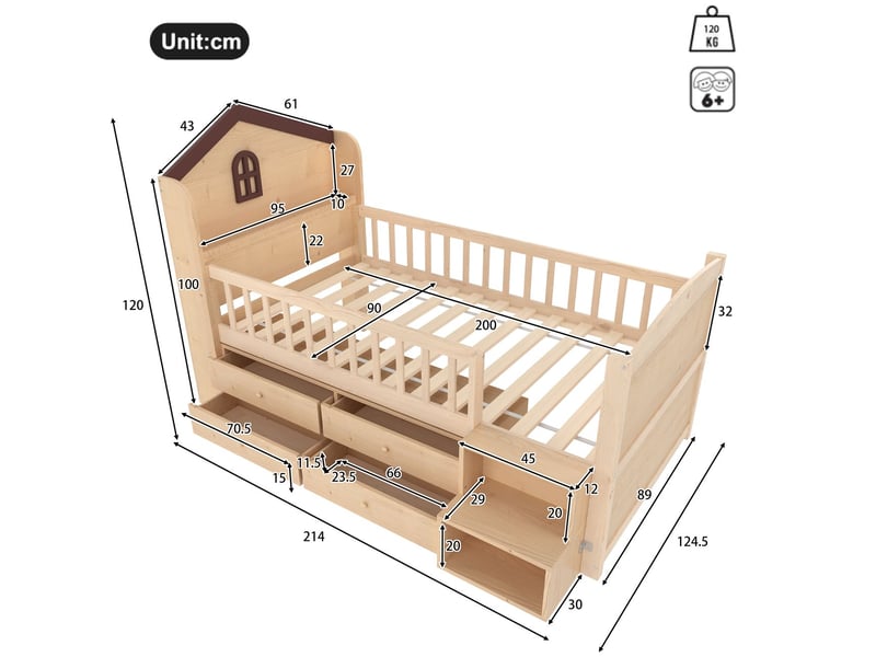  Lit avec tiroirs 90 x 200 cm lit simple 4 tiroirs de rangement structure mi-haute forme de maison fenêtre intégrée échelle d'accès finition naturelle éclairage led  - Conforama C