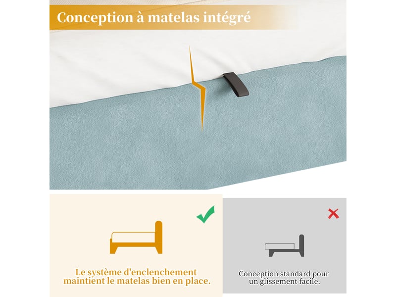  Lit enfant 90 x 200 cm avec coffre hydraulique - velours bleu, sommier inclus, led et usbtype-c  - Conforama E