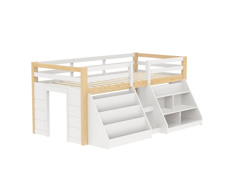  Lit mezzanine enfant 90x200cm en pin avec compartiments ouverts et led,lit superposé simple avec échelle et barrières de sécurité,sans matelas-blanc+naturel  - Conforama A