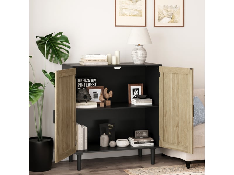  Armoire de rangement 80x40x88 cm, buffet avec 2 portes, style rotin, poignées bois, meuble rangement salon, mdf noir  - Conforama E