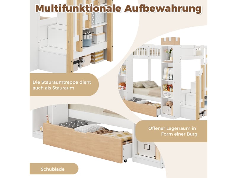 Lit superposé 90x200 cm en bois blanc et naturel avec tiroir, protection anti-chute et escalier de rangement, rangement forme château - Conforama D