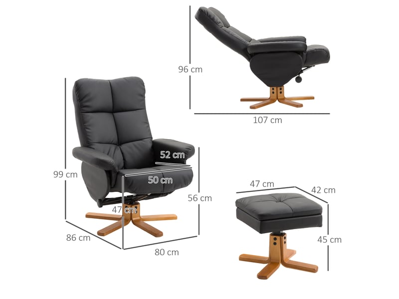  Fauteuil inclinable avec repose-pieds, tv pivotant 360°, lecture chambresalon, similicuir, noir.  - Conforama E