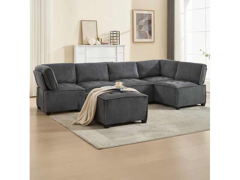  Canapé d'angle 6 pl 308x154x82cm, assise en mousse, revêtement velours, accoudoir, convertible avec poches de rangement, gris  - Conforama D