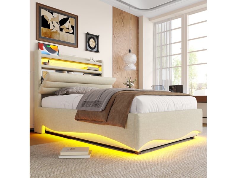  Lit coffre 90x200 cm en lin beige avec led, usb et port type-c, tête de lit avec rangement  - Conforama D