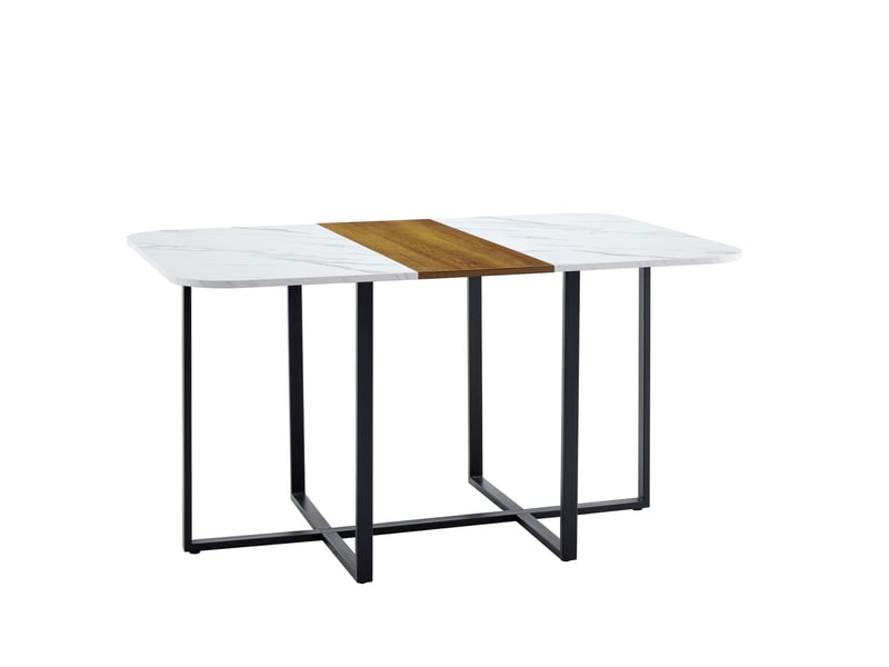  Table de salle à manger pour 4 à 6 personnes, plateau effet marbre et bois, piètement métal noir, 150 × 100 × 78,5 cm  - Conforama B