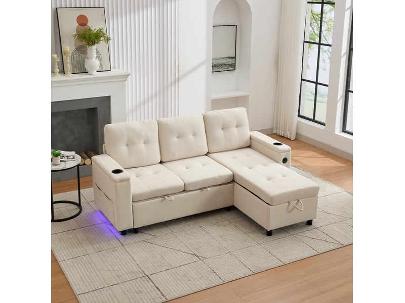  Canapé d'angle convertible 3 places 208 x 146 cm – beige – rangement, led et ports de charge intégrés  - Conforama B