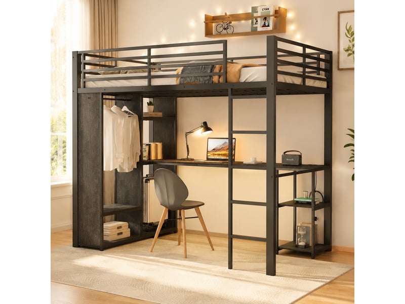  Lit mezzanine en fer noir 90×200 cm, bureau led, ports usb et usb-c, étagères et penderie ouverte, à assembler  - Conforama B