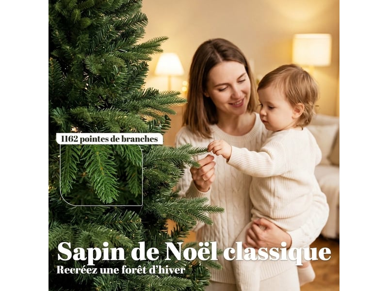 Sapin de noël artificiel 180 cm, arbre de noël, 1162 branches articulées en pe et pvc ignifuge, support en bois pliable - Conforama E