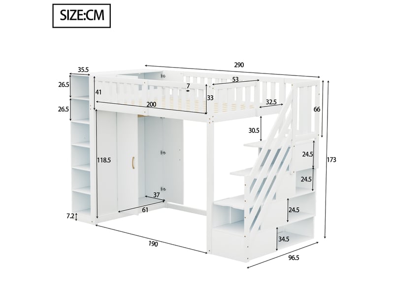  Lit mezzanine enfant 90x200 cm avec armoire, étagères et escalier, blanc  - Conforama C