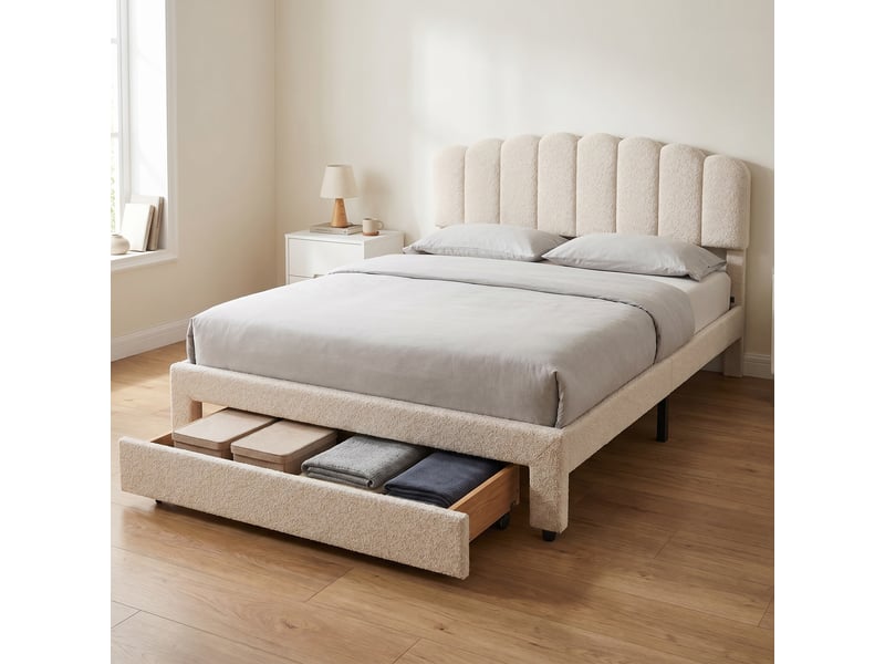  Lit avec tiroir 140x200 cm, lit double capitonné avec ports usbtype-c, tête de lit coquillage, lit adulte avec sommier en velours, style scandinave  - Conforama D