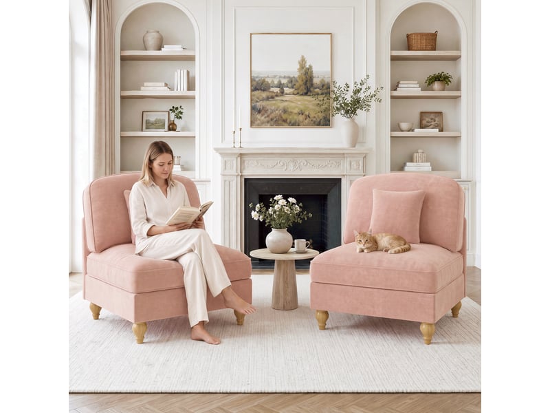  Canapé de salon, canapé chenille; en chenille, rose, avec accoudoirs  - Conforama W