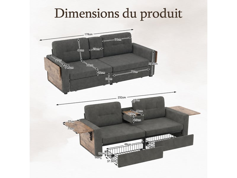  Canapé droit 2 places en chenille avec 2 tiroirs de rangement, tablettes latérales et porte-gobelets, gris foncé, 178 cm Fay Lum - Conforama C