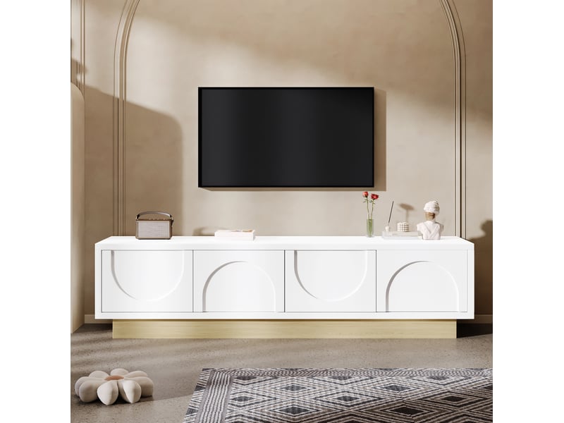  Meuble tv blanc 175 cm en mdf, 4 portes sans poignée, rangement et passe-câbles  - Conforama B