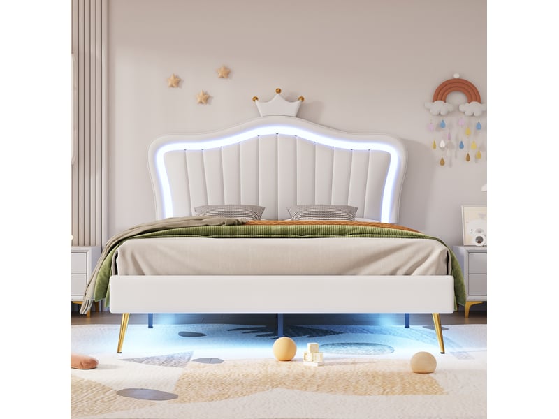 Lit enfant 140 x 200 cm avec sommier, éclairage led, tête de lit couronne blanche  - Conforama E