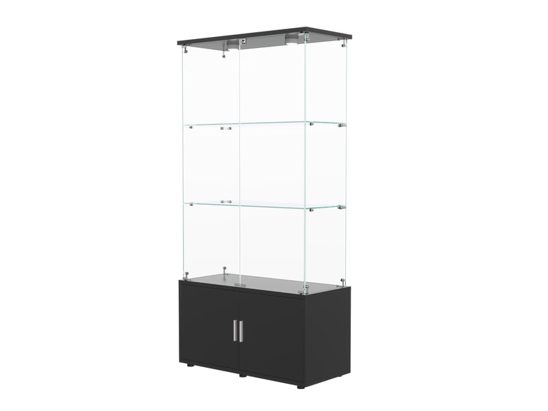  Vitrine en verre 3 niveaux avec meuble de rangement inférieur double porte - noir - 78,5 x 35 x 164 cm - armoire d'exposition avec éclairage led  - Conforama A