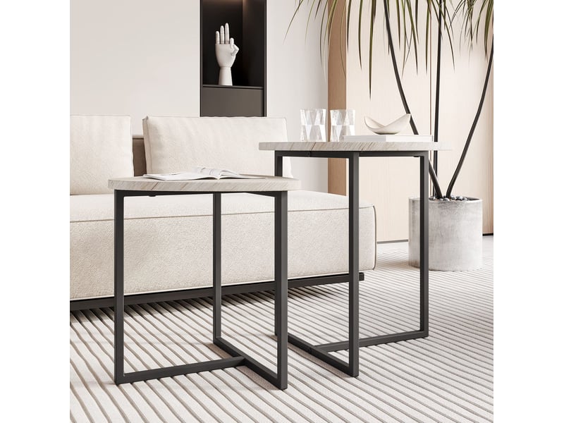  Lot de 2 tables basses gigognes rondes 45x48 et 42x40 cm, gain de place, design industriel, métal, chêne blanc américain  - Conforama D