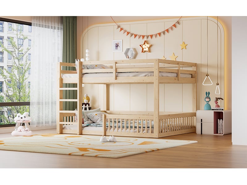  Lit superposé 160x200 cm naturel en pin et mdf avec garde-corps et sommier à lattes Sol Morn - Conforama E