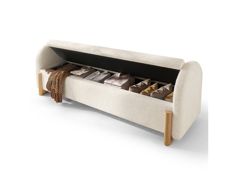 Banc de lit avec coffre de rangement 146 cm tissu bouclette blanc pieds en bois massif - Conforama A
