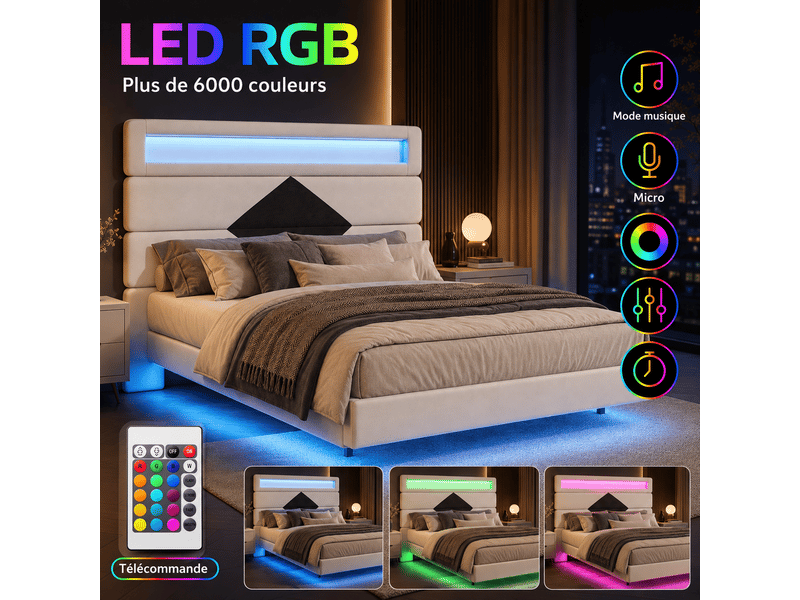  Lit double 140x190 cm avec lumières led, lit flottant rembourré, tête de lit avec fonction chargement usb, tissu en velours, blanc  - Conforama B