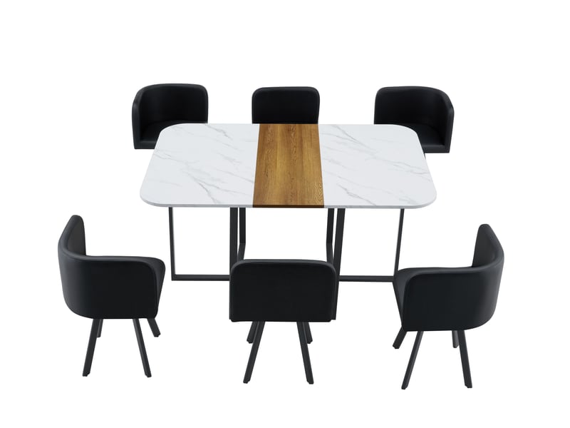  Ensemble table et 6 chaises, table à manger 6 places en mélamine blanc et bois, assises pu et structure métallique noire  - Conforama A