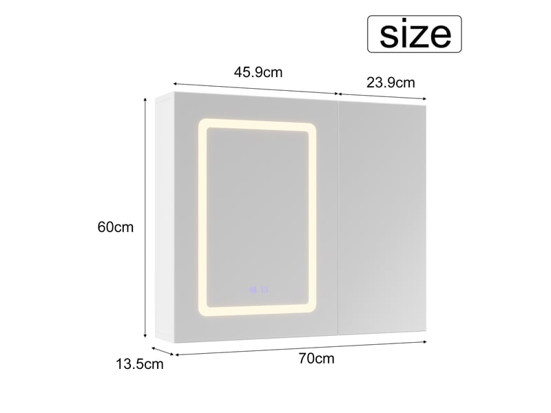  Armoire de toilette led 2 portes - 70 x 13.5 x 60 cm-blanc - meuble de salle de bain avec éclairage 3 couleurs, antibuée et double miroir  - Conforama B