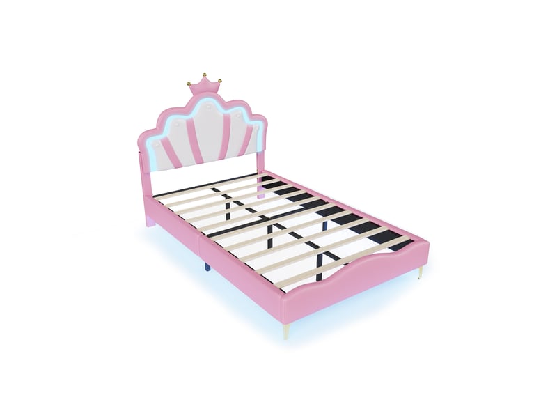  Lit double enfant 140x190 avec led, lit princesse fille avec tête de lits réglable et sommier à lattes, pu rose  - Conforama W