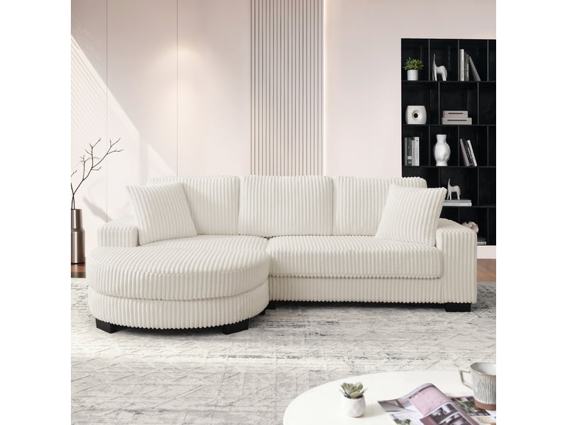  Canapé d'angle réversible modulaire avec hocker ovale interchangeable et 2 coussins, en velours côtelé beige  - Conforama C