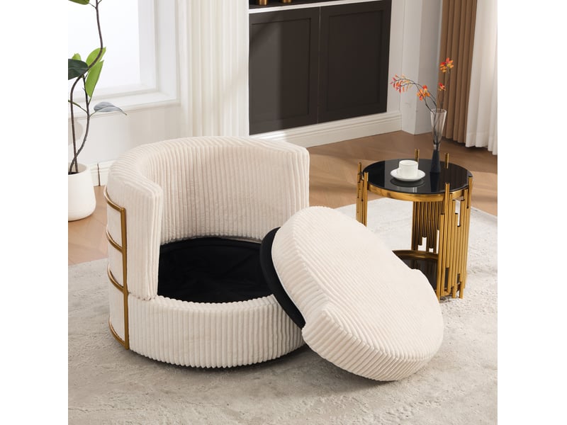  Fauteuil pivotant 360° avec coffre de rangement, assise confortable et accoudoirs rembourrés, en velours côtelé beige  - Conforama C