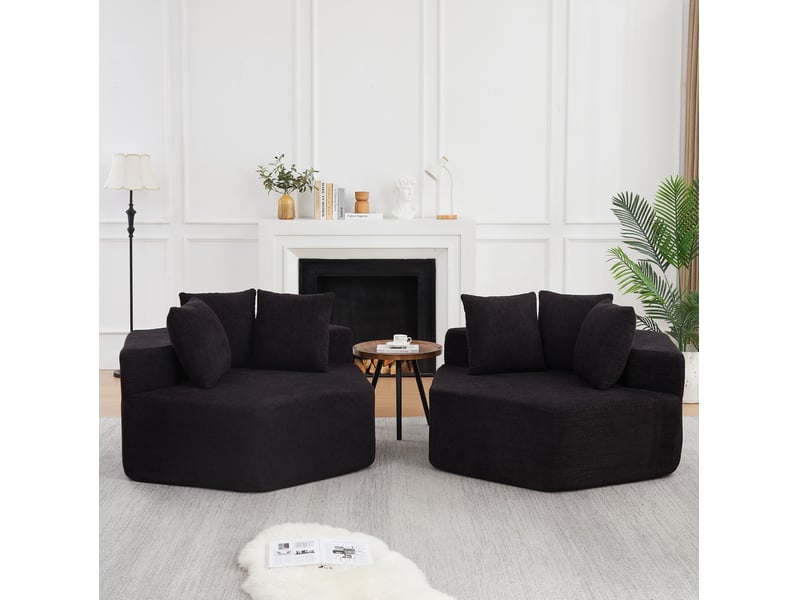  Fauteuil pouf modulable hexagonal avec trois coussins et dessous antidérapant en tissu bouclette noir  - Conforama B