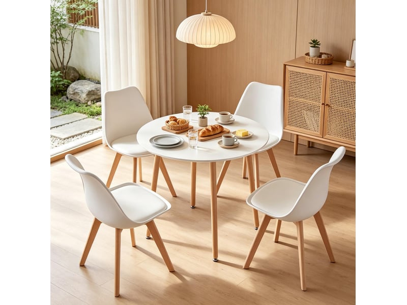  Ensemble table ronde et 4 chaises blanches et bois clair, style moderne pour vos repas conviviaux à la maison  - Conforama B