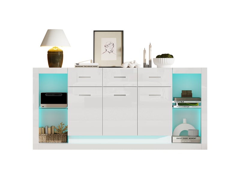  Buffet de rangement 160x40x75 cm, avec led, tiroirs et portes, meuble de salon, brillant, panneau de particules, blanc  - Conforama A