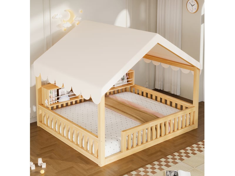  Lit cabane 140x200 cm avec led et bibliothèque naturel  - Conforama B