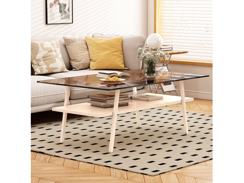  Table basse rectangulaire 98 x 58 cm en verre trempé, mdf, marron et blanc  - Conforama E