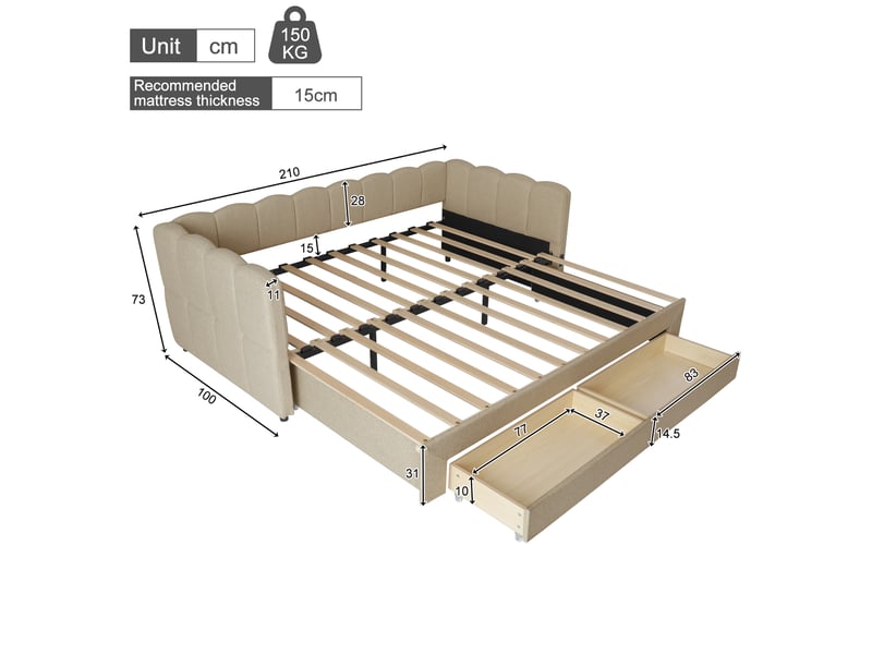  Lit capitonné, méridienne, canapé-lit, avec 2 tiroirs de rangement, 90 x 190 cm, extensible jusqu'à 180 cm, avec port usb, chenille beige  - Conforama C