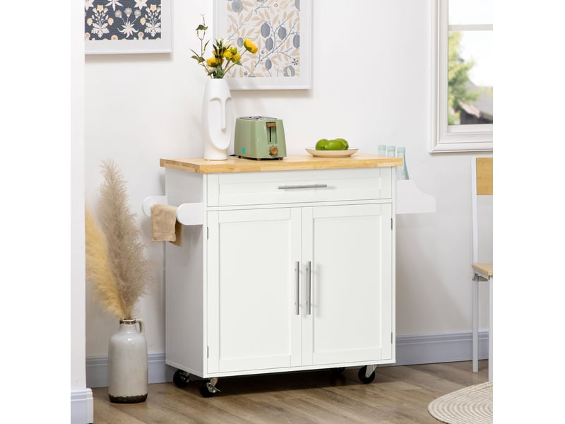 Desserte de cuisine 109 x 40 x 89 cm blanche en mdf, plateau de travail, rangement latéral et roulettes - Conforama B