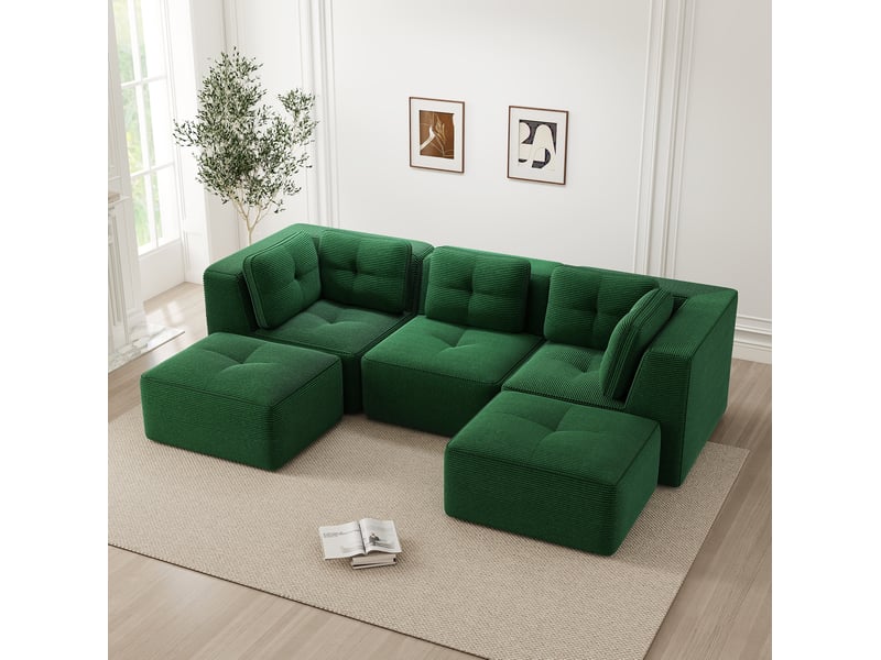 Canapé d'angle modulable ulevr 3 places avec ottomane, velours côtelé vert, assise profonde 74 cm, 297 x 177 x 69 cm  - Conforama E