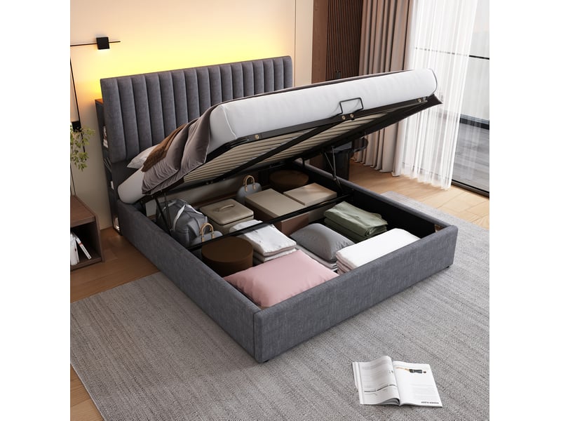  Lit coffre tcqpz 160 x 200 cm led app-control avec usb type c et tête de lit réglable gris  - Conforama E