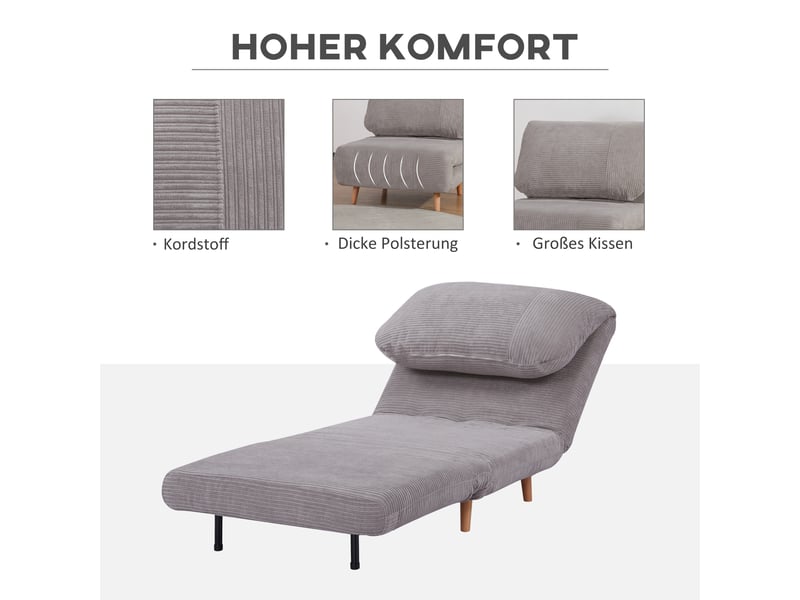 Fauteuil convertible en lit gris clair, revêtement en velours côtelé, dossier inclinable, couchage d'appoint pour salon - Conforama E