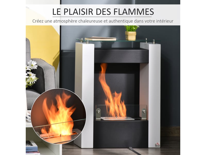  Cheminée bioéthanol brûleur 0,9 l avec plateau de rangement en verre trempé 60 x 20 x 79 cm acier noir et blanc  - Conforama E
